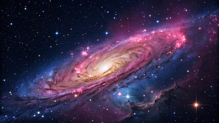 Wall Mural - A Spiral Galaxy's Radiant Dance Across the Cosmos, This stunning image captures the vast and mesmerizing beauty of a spiral galaxy set against a cosmic backdrop, with vibrant hues of pink, blue,