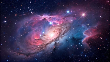 Wall Mural - A Spiral Galaxy's Radiant Dance Across the Cosmos, This stunning image captures the vast and mesmerizing beauty of a spiral galaxy set against a cosmic backdrop, with vibrant hues of pink, blue