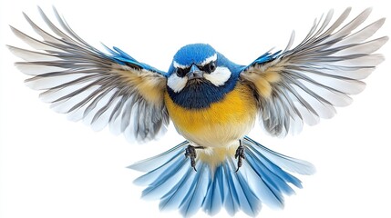 Poster - Blue bird in flight, wings spread, isolated on white background.