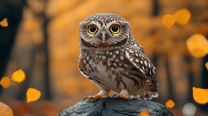 Wall Mural - Adorable little owl perched on a rock amidst falling autumn leaves.