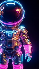 Wall Mural - cosmic neon: an astronaut, rendered in a futuristic and vibrant style, stands against a dark backdro