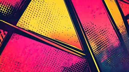 Wall Mural - Neon comic panels with abstract textures on a glowing 70s background