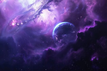 Canvas Print - Earth from Space Surrounded by Purple Nebula and Stars