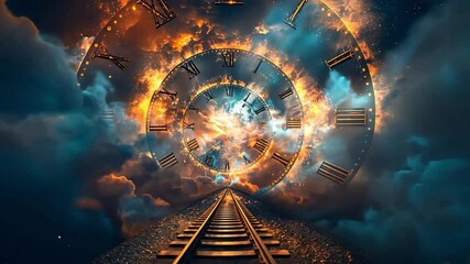 Poster - This captivating artwork features a twisting spiral of clocks surrounded by flames and clouds, set above a railway track, evoking a sense of wonder about time and journeys.
