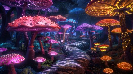 Wall Mural - an enchanted pathway snaking through a labyrinth of colorful mushrooms their caps glowing with diffe