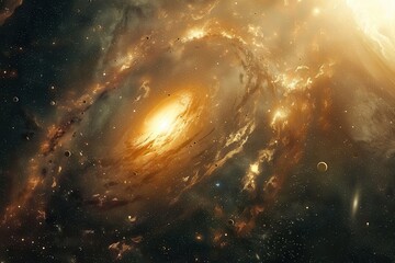 Wall Mural - Glowing spiral galaxy with stars and planets in deep space