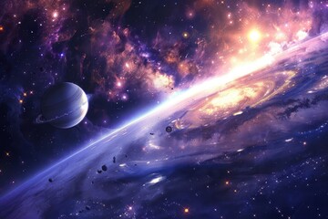 Canvas Print - Breathtaking view of a distant planet and a mesmerizing starry night sky.