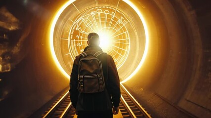 Poster - A traveler with a backpack gazes into a glowing circular light at the tunnel's end. The atmosphere is dim, creating a sense of mystery and adventure in the underground setting.