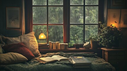 Wall Mural - A comfortable nook by a rain-speckled window, with soft vintage lighting, rustic furniture, and a quiet, serene atmosphere