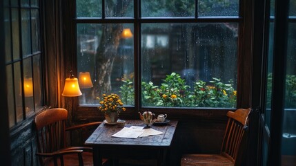 Wall Mural - A comfortable nook by a rain-speckled window, with soft vintage lighting, rustic furniture, and a quiet, serene atmosphere