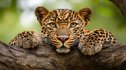 Wall Mural - Close-up of a leopard resting on a tree branch, looking directly at the camera.