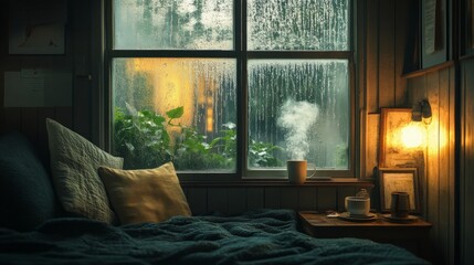 Wall Mural - A snug corner with a large rain-covered window, illuminated by soft vintage light, with rustic tones and a steaming cup of coffee nearby