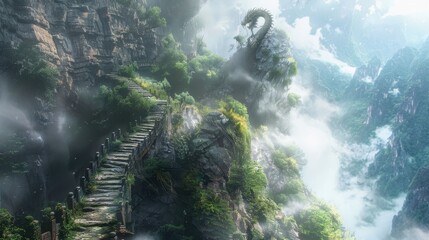 Wall Mural - a narrow trail carved into the side of a mystical mountain surrounded by swirling mists and guarded 