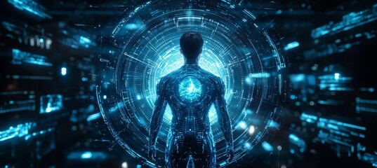 Wall Mural - smart human robot ready to future time travel. science space astronomy. generative ai technology.