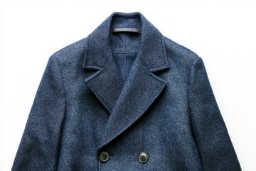 blue wool coat close-up on white background, suitable for retail branding and fashion marketing