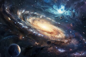 Wall Mural - Colorful spiral galaxy with glowing center and multiple planets