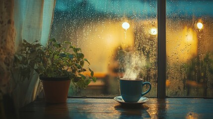 Wall Mural - Rain pattering on a large window viewed from a cozy corner with soft lighting, rustic tones, and a steaming mug of tea on a weathered table