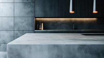 Sticker - Modern minimalist kitchen interior with concrete countertop and dark cabinetry, featuring ambient lighting and pendant lights, showcasing a contemporary sleek design.