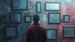 © Zhanna - A man in a red jacket stands with his back to the viewer, observing a textured wall filled with empty picture frames. The cool and moody tones, combined with the placement of the frames, suggest