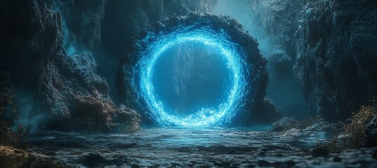 Wall Mural - earth stone blue glowing portal to fantasy world dimension. generative ai technology.