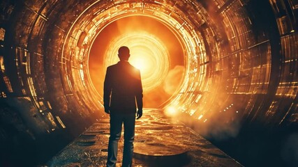 Poster - A person in a dark suit stands at the entrance of a glowing tunnel filled with vibrant flames and mysterious light, suggesting a surreal journey into another world at dusk.