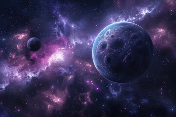 Wall Mural - Glowing planets and stars in deep space with a purple glowing atmosphere