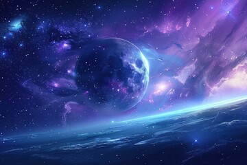 Wall Mural - Breathtaking view of a distant planet with vibrant cosmic clouds and a starry night sky.