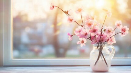 Wall Mural - Sunlight streams through a window, illuminating a vase filled with delicate pink flowers, creating a serene spring atmosphere