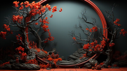 Wall Mural - round arch, frame of branches and leaves autumn theme on a dark background, presentation of a new pr
