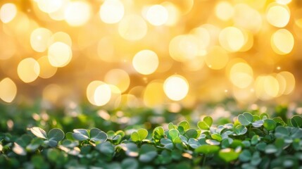 Wall Mural - Sunlight filters through a field of clovers, casting a warm glow and creating a stunning bokeh effect in the background during late afternoon