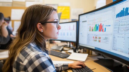 Wall Mural - data scientists working with graphs and data on large computer screens