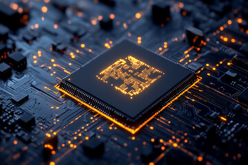 Wall Mural - illuminated microchip: close-up of circuit board with glowing connections.