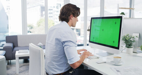 Poster - Business man, computer and green screen on monitor mockup in office with web designer and programmer. Desk, project and website development with digital research and software with tracking marker