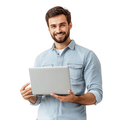 A man is holding a laptop in his hands