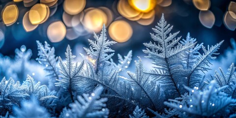 Sticker - Frosted Ice Patterns on Dark Background: Abstract Ice Structures with Intricate Frost Designs and Bokeh Effect for Stunning Visual Appeal in Cold Aesthetics