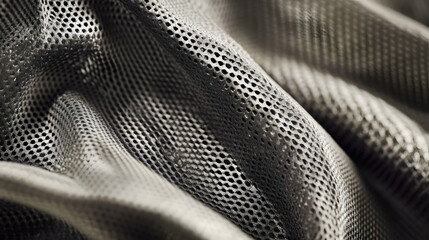 Close-up of textured, gray mesh fabric.  The material is draped, showing its flexible, breathable structure. Ideal for sportswear, bags, or industrial applications.