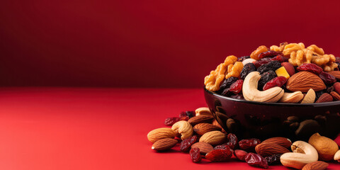 cashew and almonds in the bowl on red background