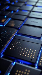 Wall Mural - circuitry glow: a captivating macro shot of a futuristic circuit board, illuminated by vibrant blue 
