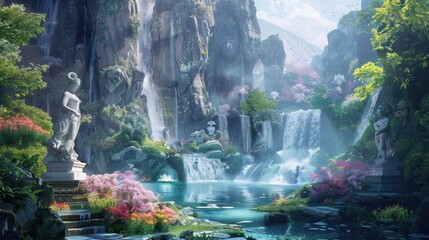 Wall Mural - a secret trail leading to a majestic waterfall surrounded by sparkling pools and guarded by statues 