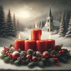 Wall Mural - Christmas background - First Advent Sunday. Advent candle with natural Xmas decoration.