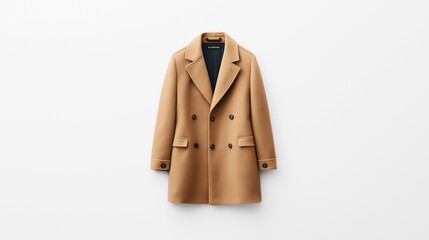 double-breasted camel coat with black buttons and notch lapels on a plain white background, showcasi