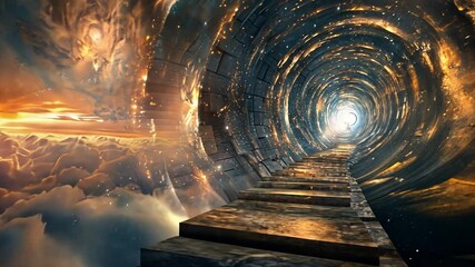 Poster - A captivating tunnel made of glowing stones extends towards a luminous horizon. The surrounding galaxy is filled with vibrant colors, creating a sense of adventure and wonder.