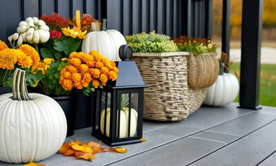 Canvas Print - A charming autumn display features white pumpkins and colorful flowers on a porch, creating a warm and inviting atmosphere