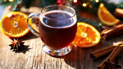 Wall Mural - Aromatic Mulled Wine with Christmas Spices, Orange Slices, Cinnamon Sticks, and Star Anise on a Rustic Wooden Table.