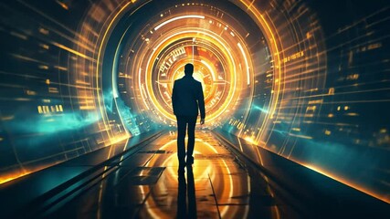 Poster - A solitary figure strides confidently through a radiant tunnel adorned with vibrant digital designs, creating a sense of exploration and mystery during twilight hours.
