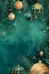 Wall Mural - Christmas greeting card featuring green and golden ornaments on festive backdrop