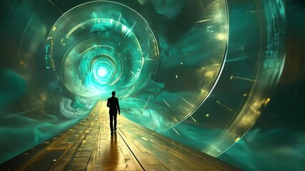 Poster - A figure strides along a shimmering golden pathway leading into a bright, swirling vortex.