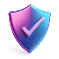 cartoon 3d Icon safety shield check mark perspective . Blue and purple symbol security safety icon. Checkmark in minimalistic style. 3d vector illustration. white background	