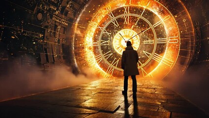 Poster - A person in a coat approaches a radiant clock portal set in a dark, futuristic landscape. The scene is filled with glowing patterns and an ethereal atmosphere, evoking curiosity and intrigue.