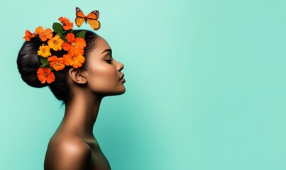 Wall Mural - Silhouette of woman's profile with vibrant flowers and butterflies on soft blue-green background in pastel colors 